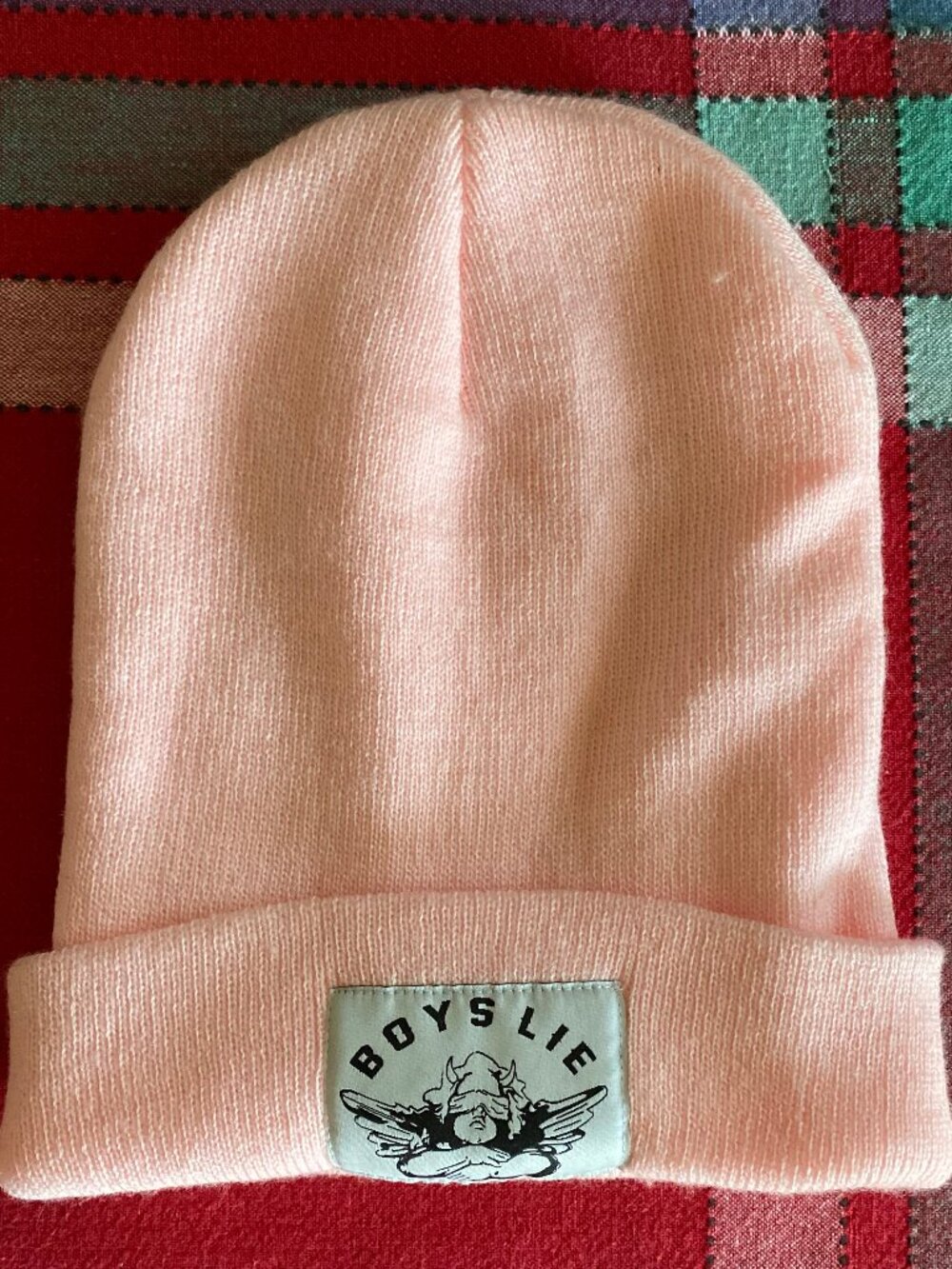 BOYS LIE Cherub Angel Logo Patch Baby Pink Cuffed Knit Beanie